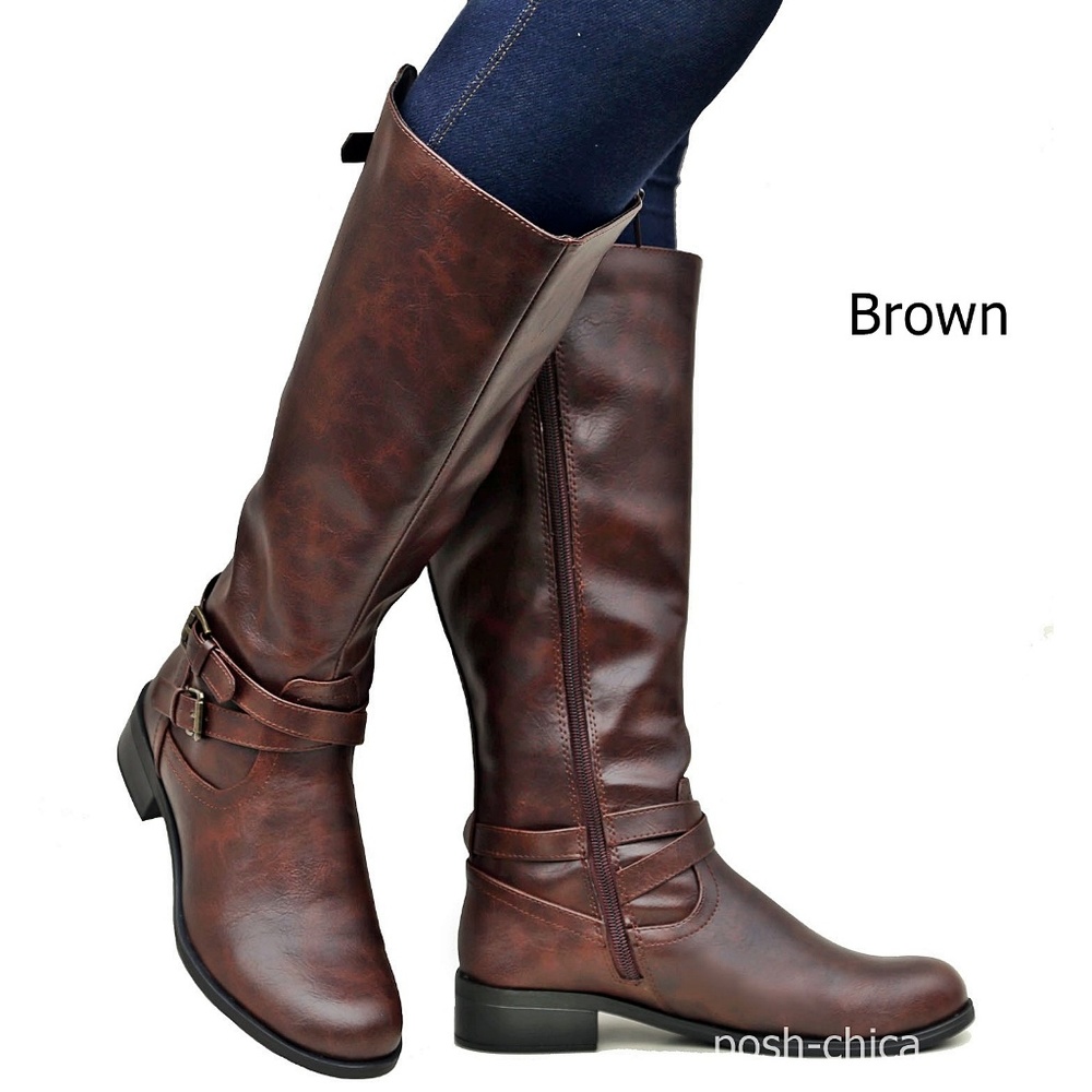 New Brown Buckle Western Knee High Riding Boots - Picture 2 of 3